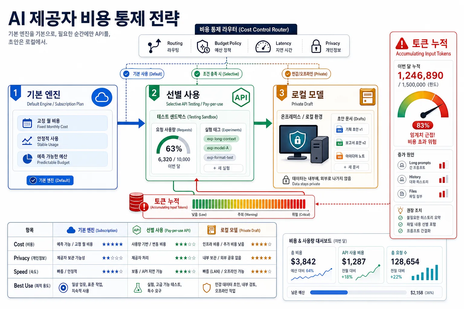 구독형 월 플랜을 기본 엔진으로 두고 종량제 API와 로컬 모델을 선별 사용하도록 나누는 비용 라우팅 그림