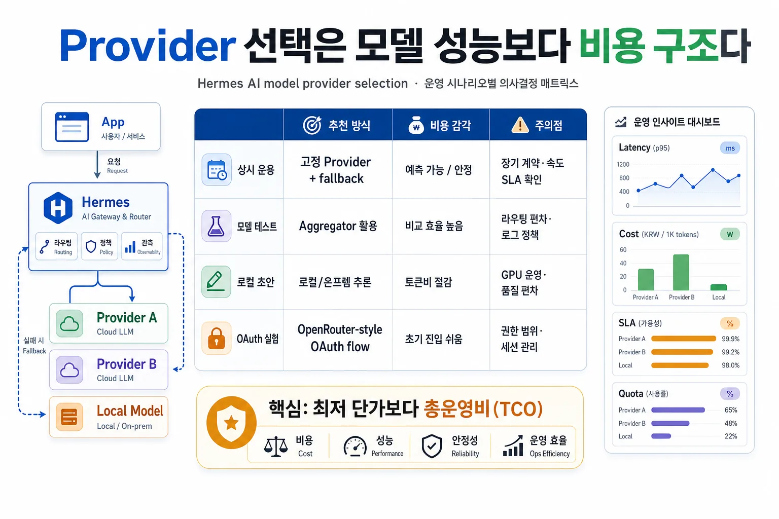 Hermes provider 선택을 상시 운용, 모델 테스트, 로컬 초안, OAuth 실험으로 나누는 판단표