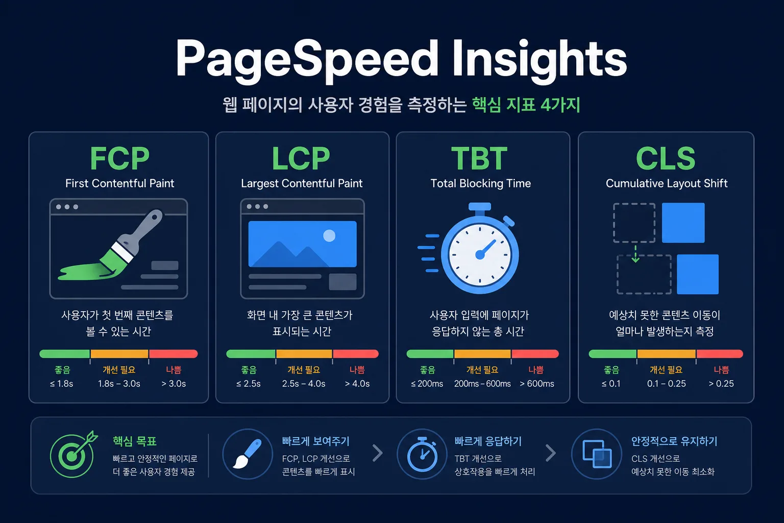 FCP LCP TBT CLS 지표 개요 인포그래픽
