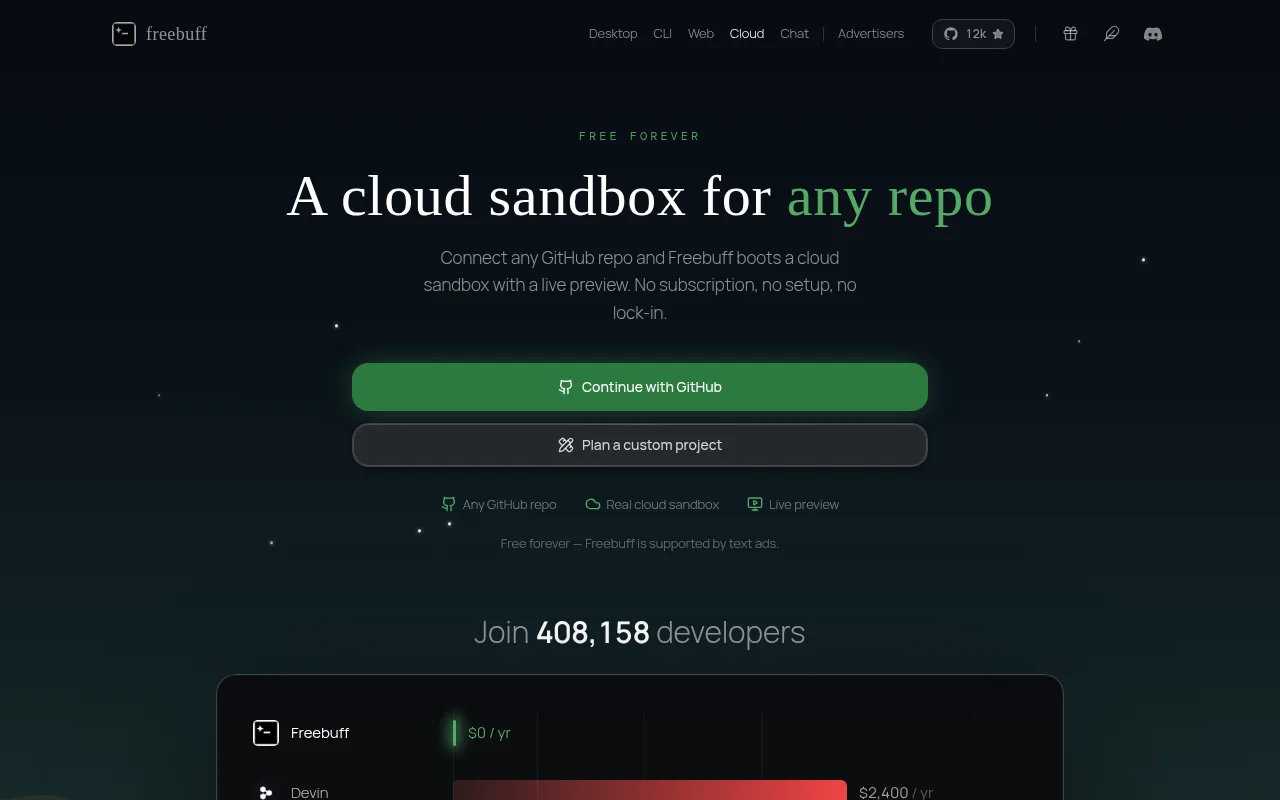 Freebuff Cloud GitHub IDE 소개 화면
