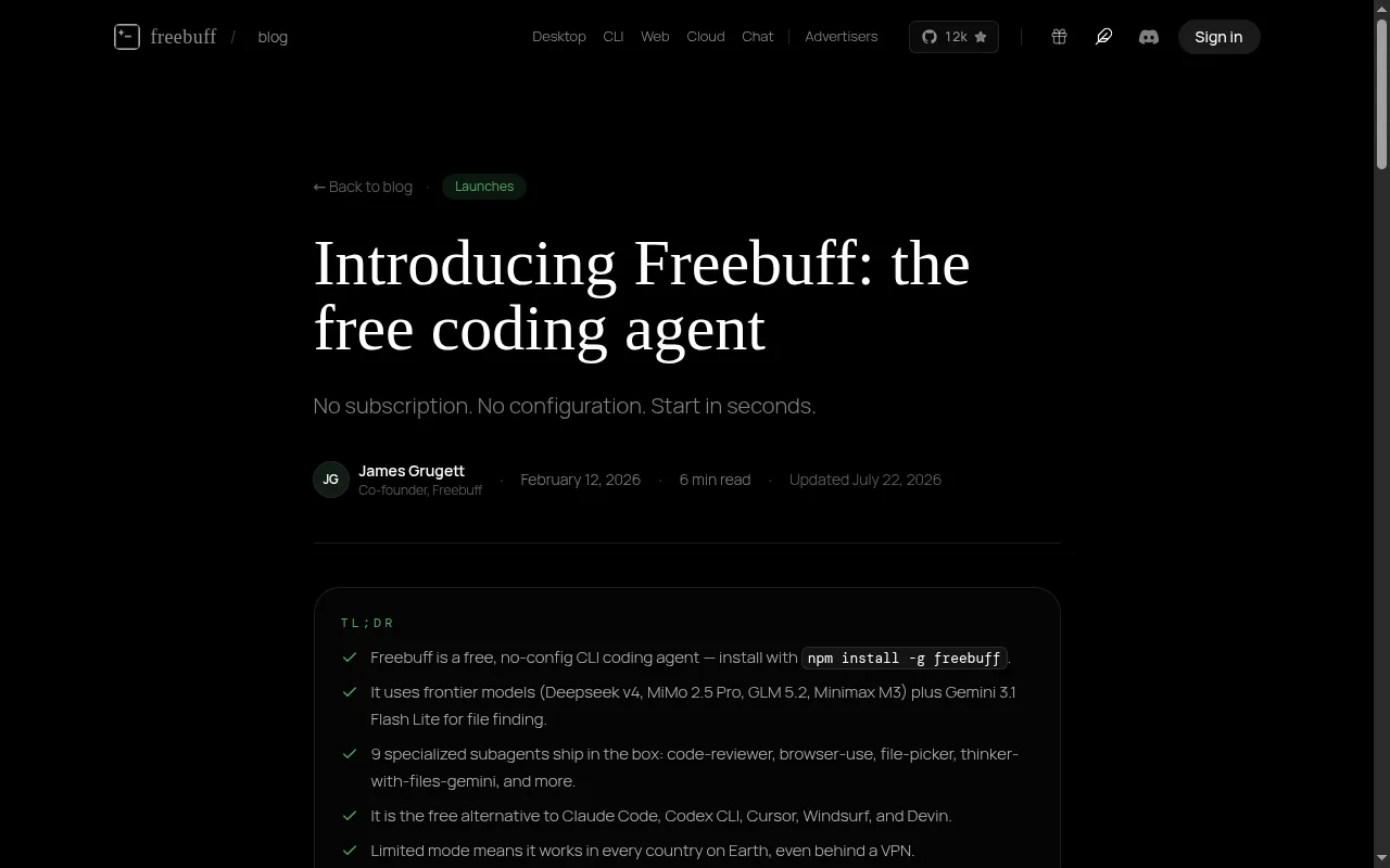 Introducing Freebuff 런치 블로그 글 화면