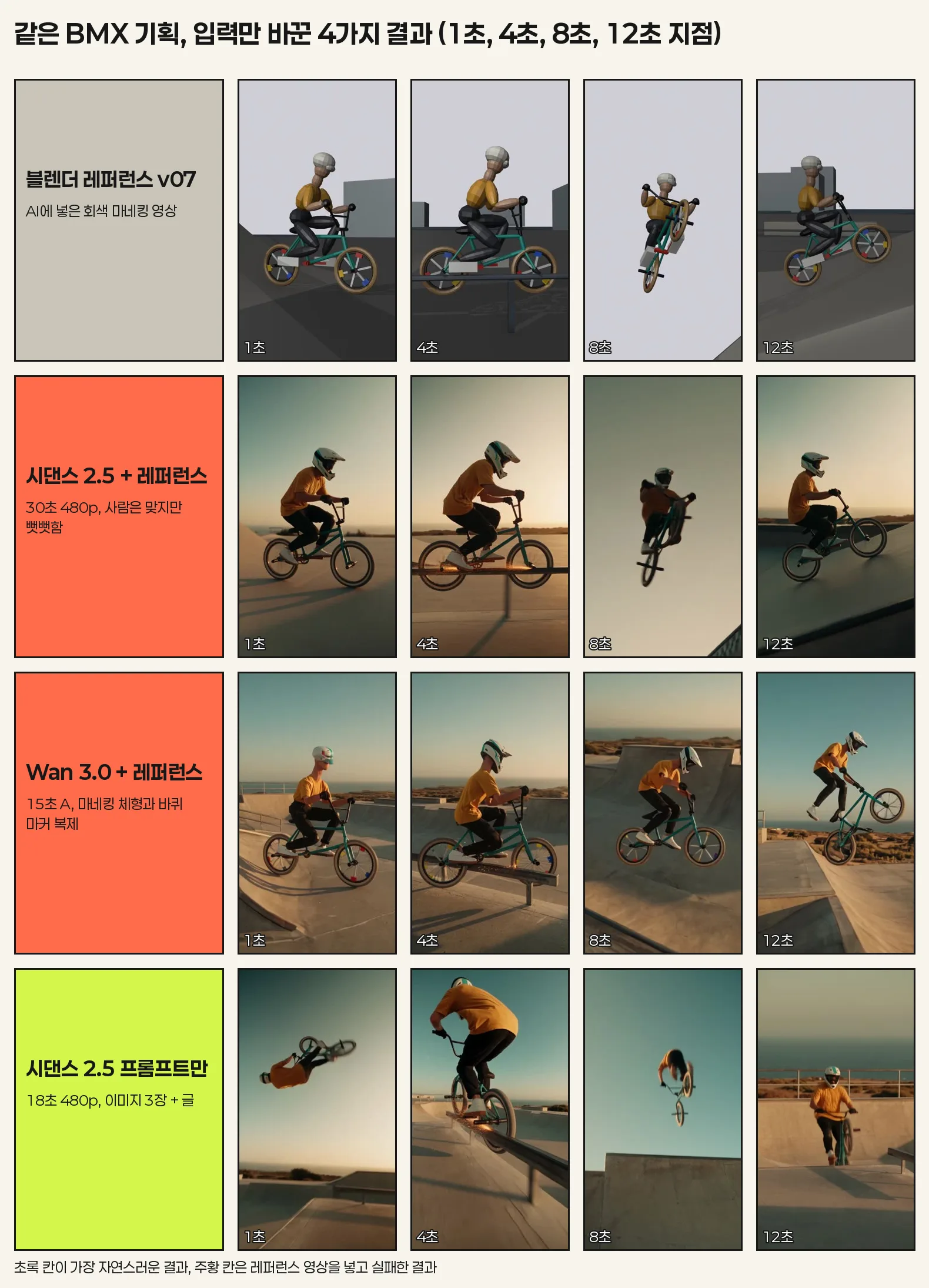 같은 BMX 기획을 블렌더 레퍼런스, 시댄스 2.5 레퍼런스판, Wan 3.0 레퍼런스판, 시댄스 2.5 프롬프트판으로 만든 결과를 1초, 4초, 8초, 12초 지점에서 나란히 놓은 비교표