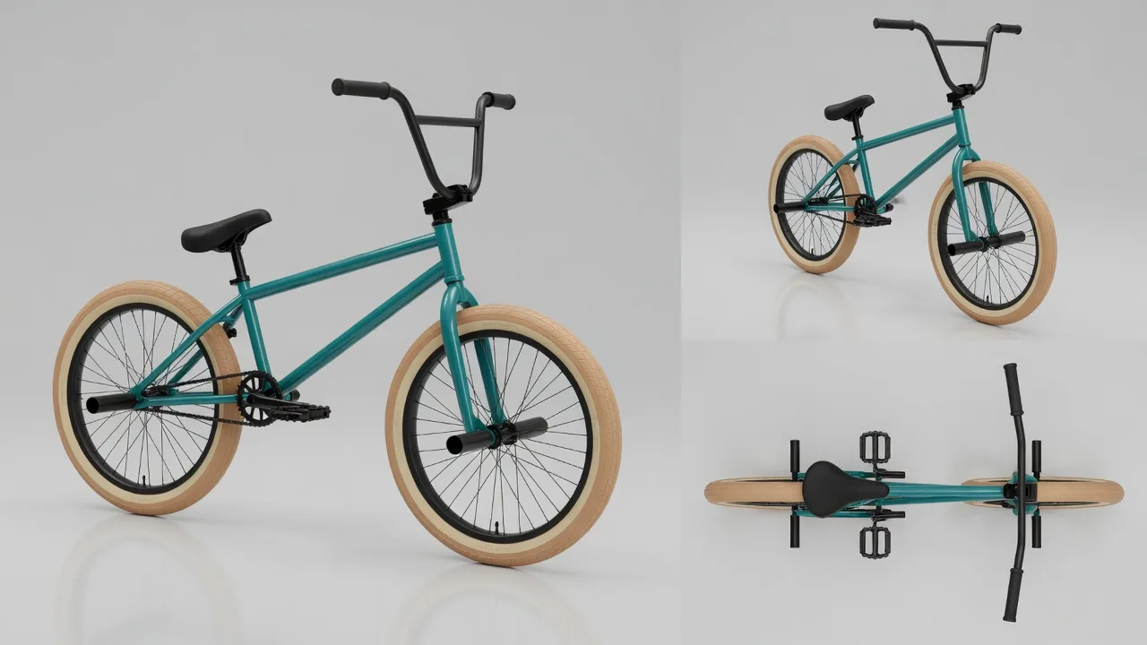 청록 프레임 BMX 자전거를 옆에서 본 모습과 부품 확대를 나란히 놓은 자전거 시트