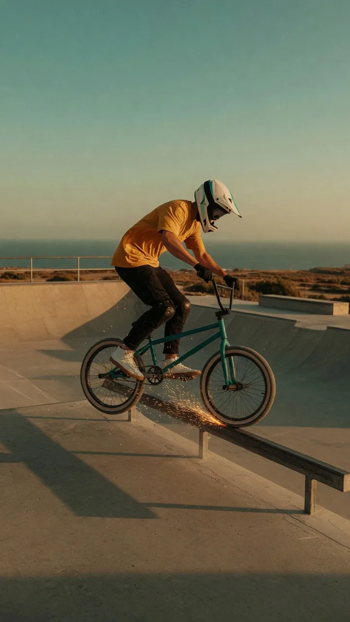 해 질 녘 해안 콘크리트 스케이트파크에서 BMX 라이더가 레일을 타는 세로 장면