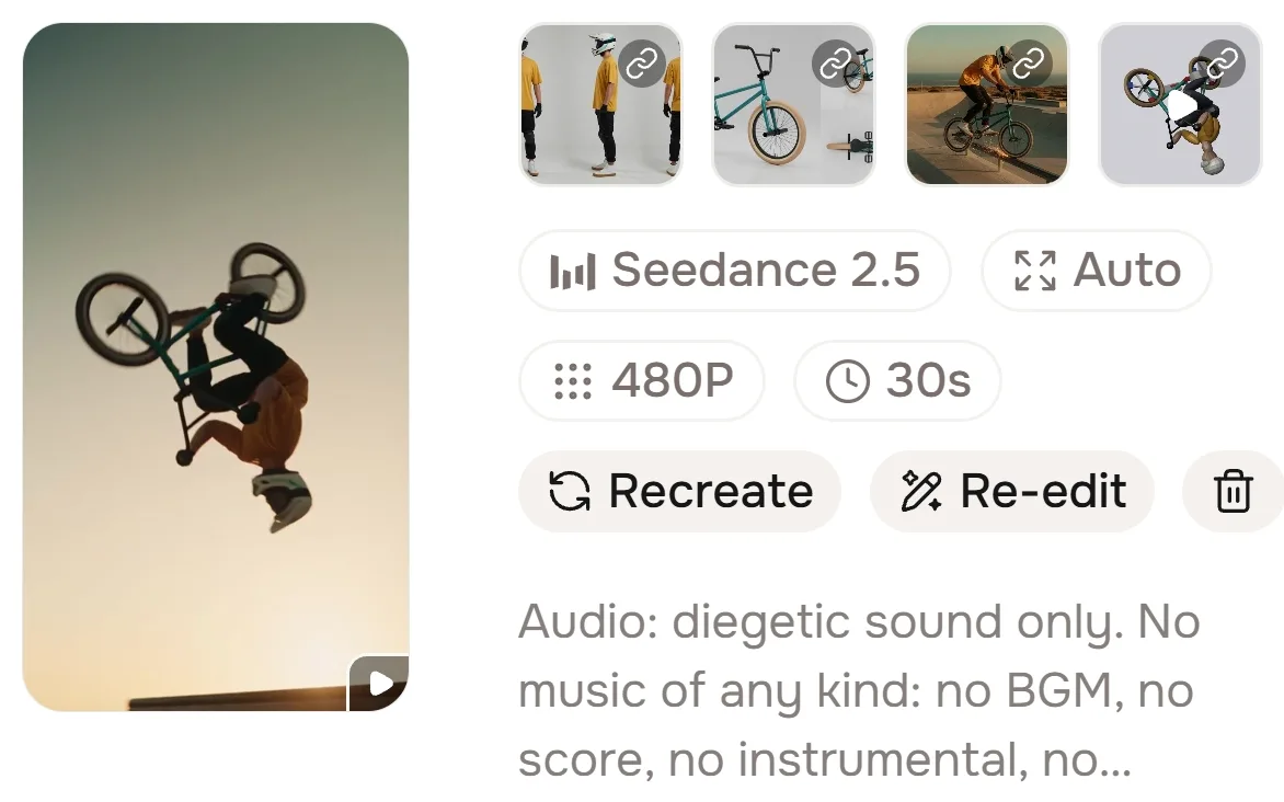 fish.audio 생성 기록 화면. 왼쪽은 백플립 장면 썸네일, 오른쪽은 참고 자료 4개와 Seedance 2.5, Auto, 480P, 30s 설정 표시