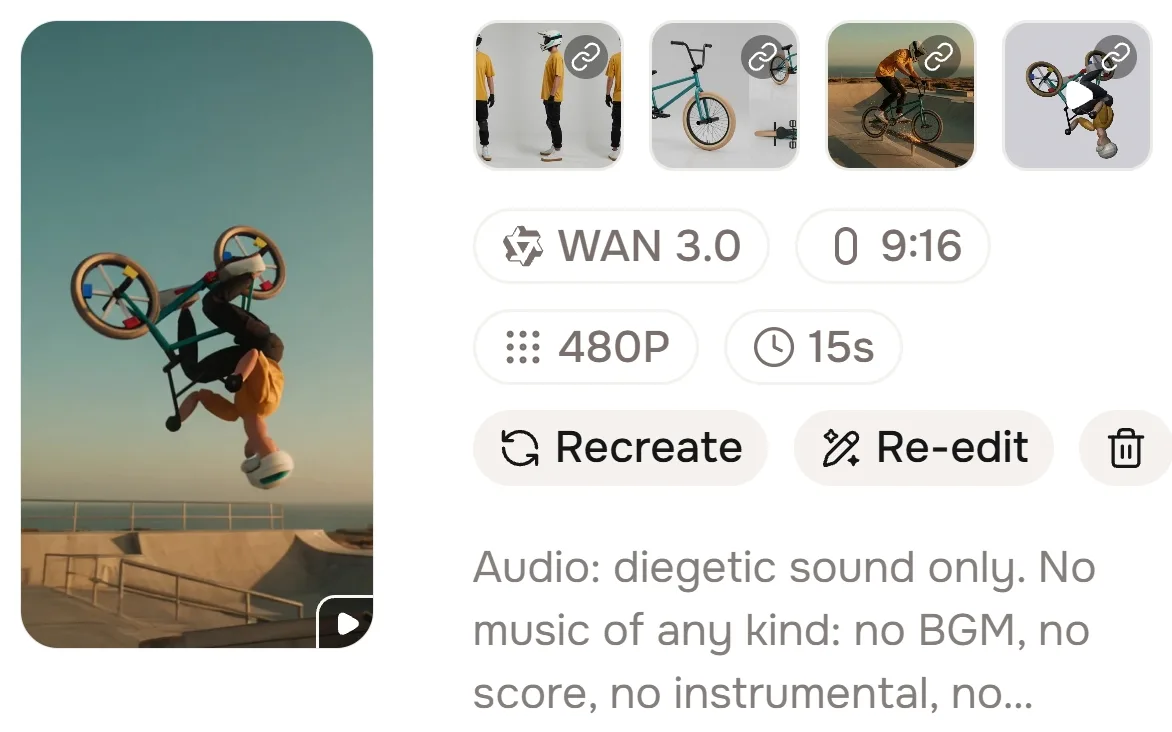 fish.audio 생성 기록 화면. WAN 3.0, 9:16, 480P, 15s 설정과 이미지 3장, 블렌더 영상 1개가 표시된 결과 2 화면