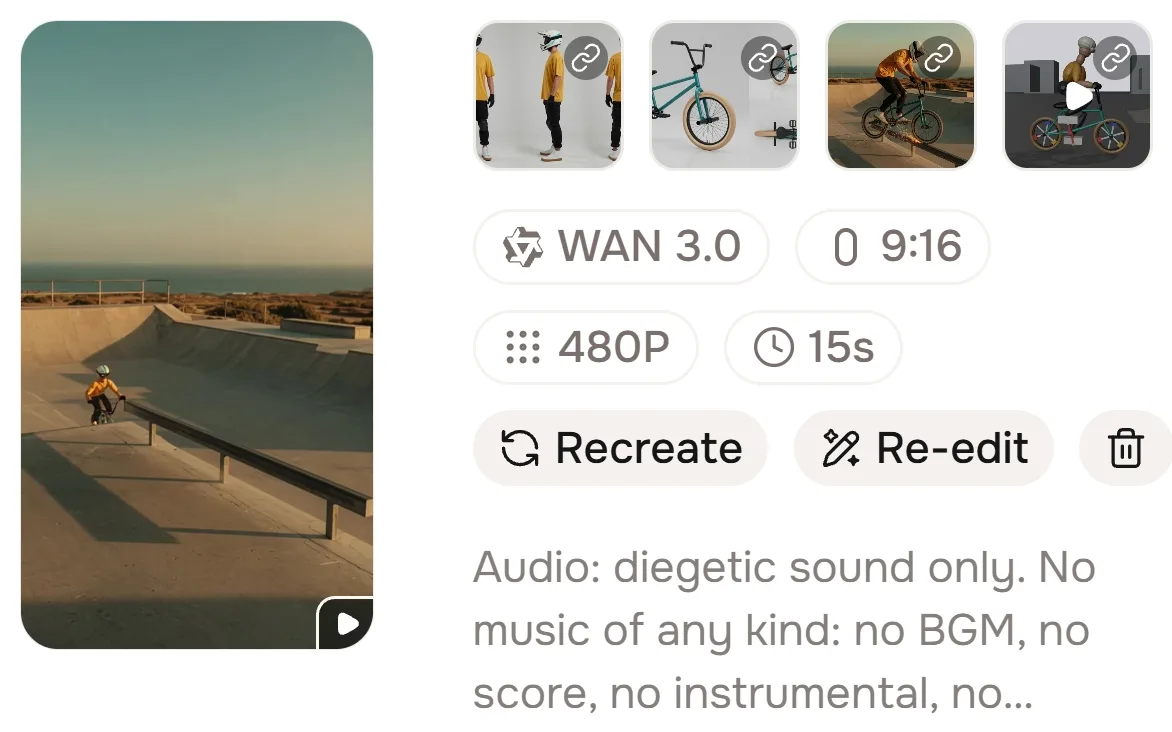 fish.audio 생성 기록 화면. WAN 3.0, 9:16, 480P, 15s 설정과 이미지 3장, 블렌더 15~30초 영상이 표시된 결과 3 화면