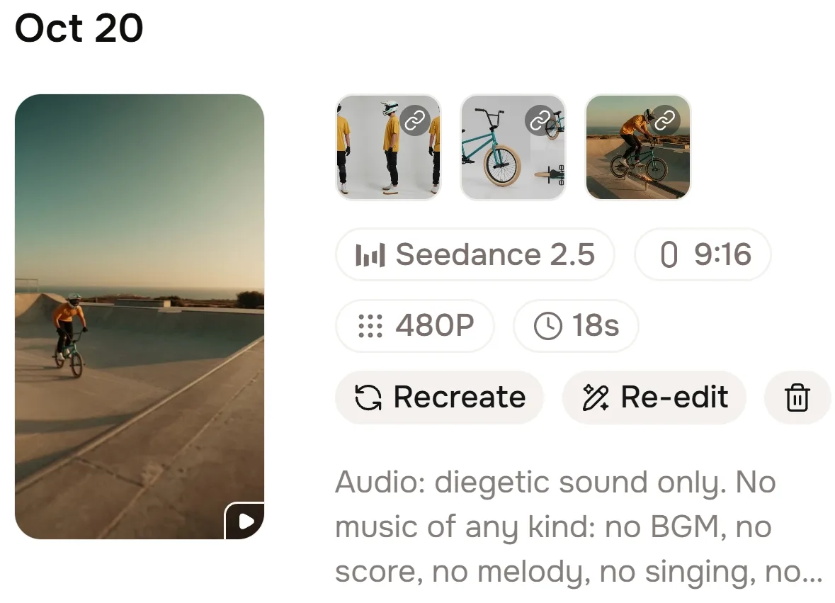 fish.audio 생성 기록 화면. Oct 20 날짜 아래 Seedance 2.5, 9:16, 480P, 18s 설정과 이미지 3장만 표시된 결과 4 화면