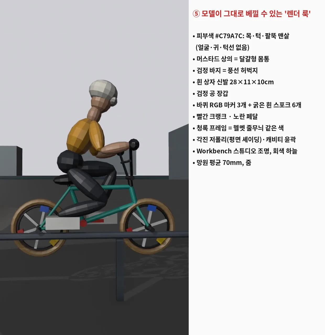 회색 하늘 아래 레일 위를 지나는 마네킹 렌더 장면과, 피부색, 상자 신발, 바퀴 색 표식 등 모델이 베낄 수 있는 요소 11가지를 적은 목록