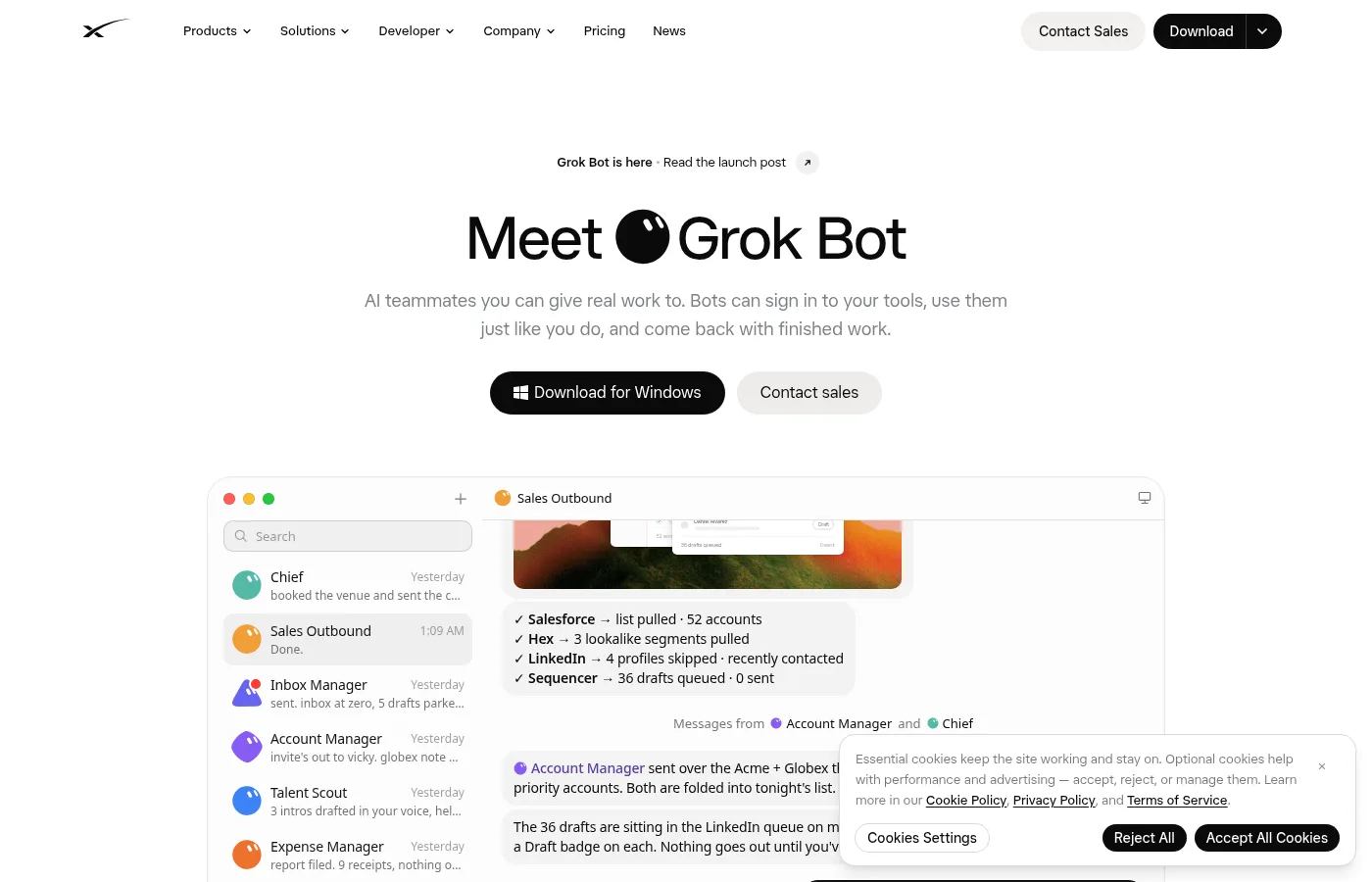 x.ai/bot 그록봇 제품 페이지 첫 화면