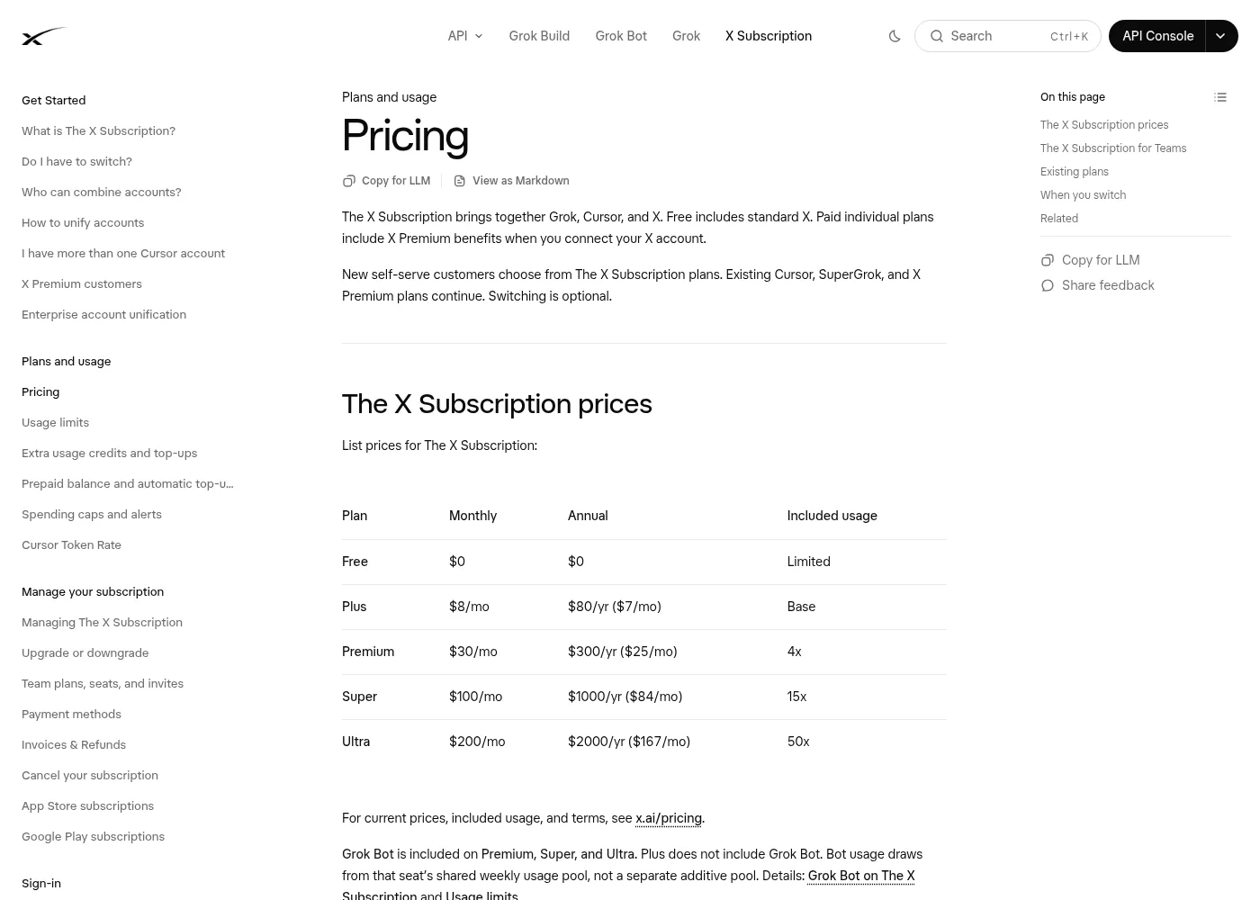 docs.x.ai의 The X Subscription 가격 문서 화면
