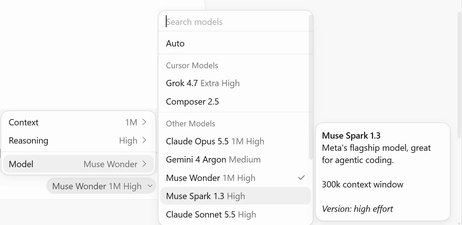 커서 모델 선택 메뉴의 Other Models에 보이는 Muse Wonder와 Muse Spark 1.3