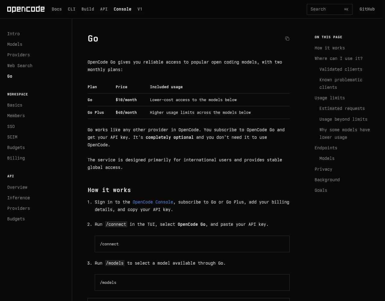 OpenCode 공식 Go 문서 페이지