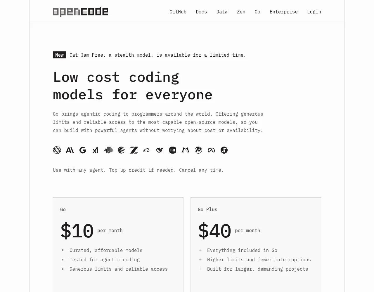OpenCode Go 소개 페이지의 Go와 Go Plus 요금 카드
