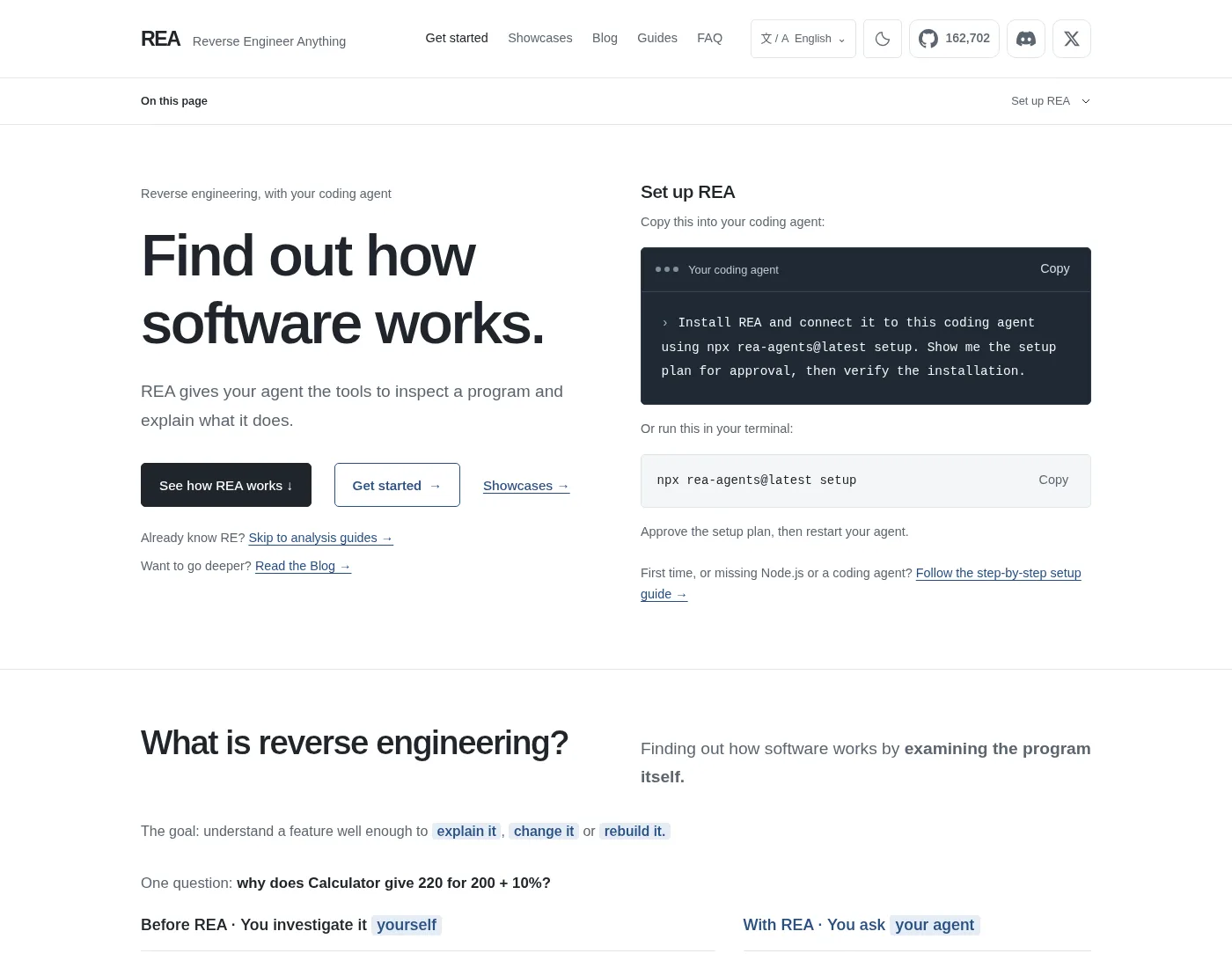 REA 공식 사이트 rea.tools 첫 화면 캡처. 에이전트에 붙여 넣을 설치 문장과 npx 명령이 보인다