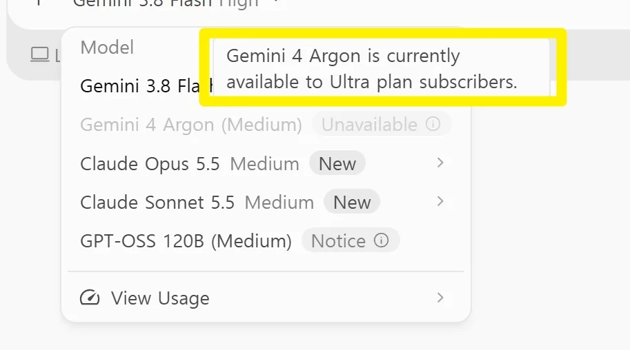 AI Studio 모델 선택 목록에서 Gemini 4 Argon이 Unavailable로 표시되고 Ultra 전용 안내가 뜬 실제 화면