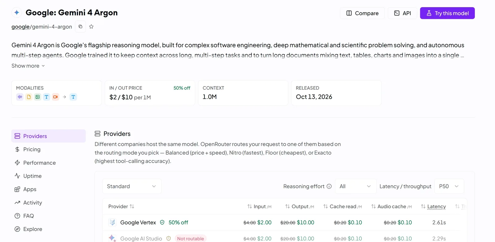 OpenRouter의 Google Gemini 4 Argon 모델 페이지 실제 화면, 가격과 공급자 목록