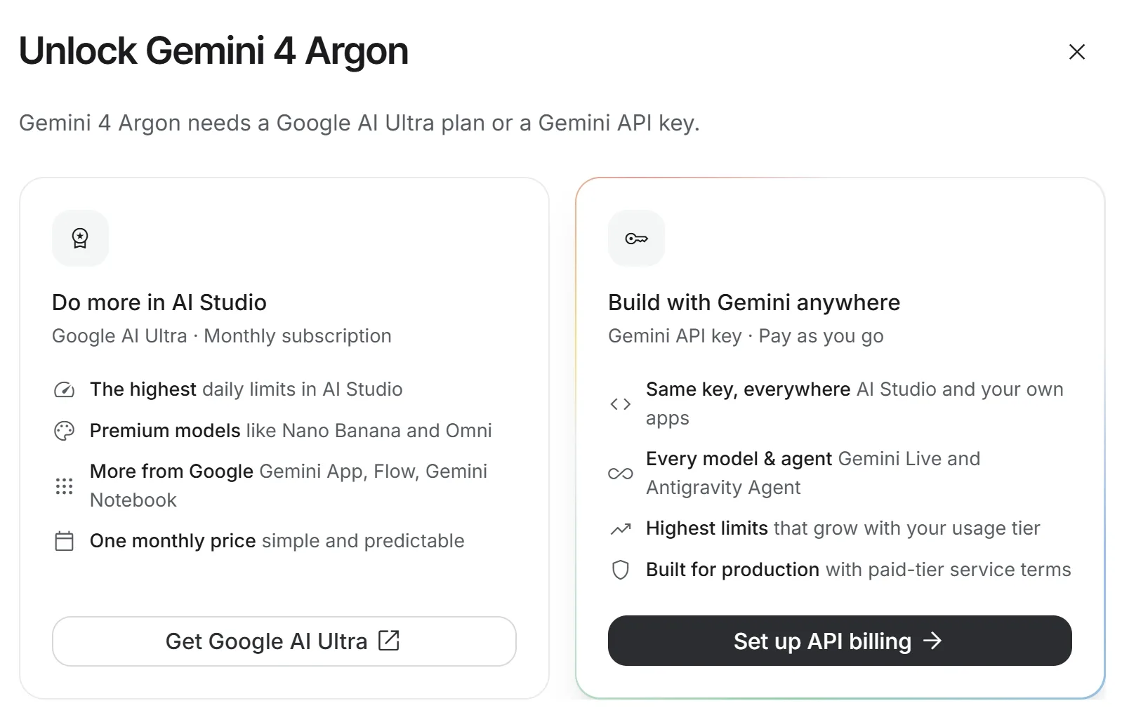 Gemini 4 Argon을 쓰려면 Google AI Ultra 구독이나 Gemini API 키가 필요하다고 안내하는 AI Studio 실제 화면